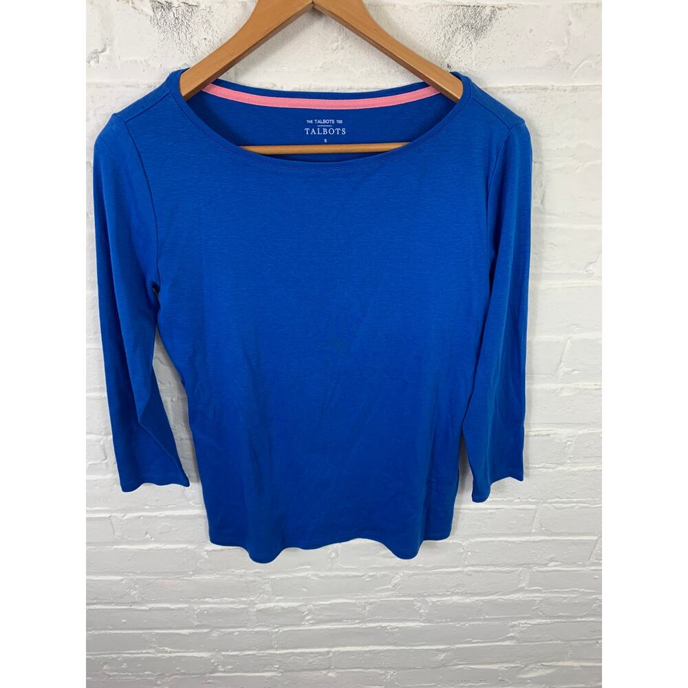 Talbots Women's Boatneck Ribbed T-Shirt 3/4 Sleeve Stretchy Royal Blue Size S